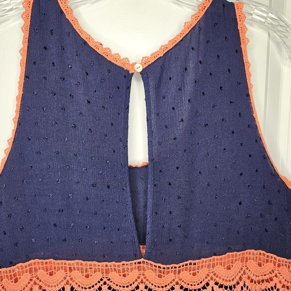 Umgee Navy Swiss Dot Babydoll Dress Coral Lace Empire Waist Boho M Summer - Picture 5 of 11